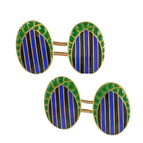 Pair of Art Deco blue and green enamel and 18ct gold cufflinks, French c.1925, the panels of oval shape,